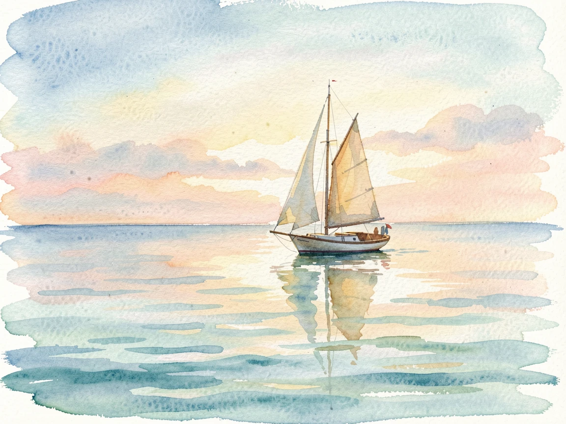 A single sailboat drifting on a calm, glassy sea evoking a deep sense of calm.