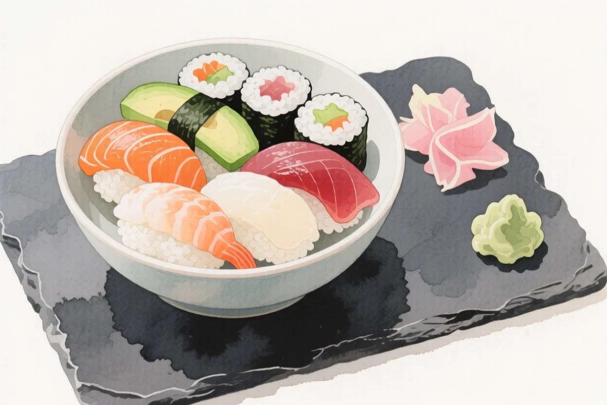 A bowl of colorful sushi rolls arranged with pickled ginger and wasabi on a dark slate serving tray