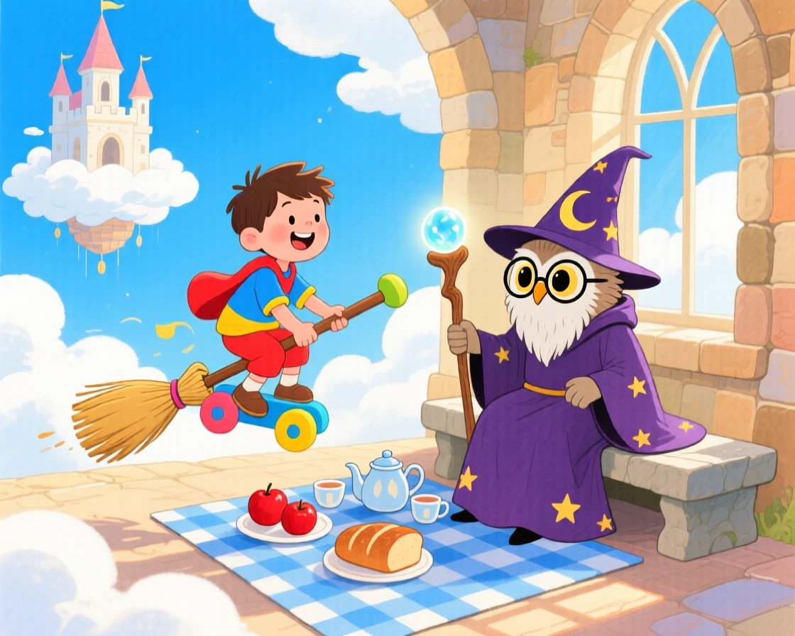 A boy riding a toy broomstick sharing a picnic with a wise old owl wizard inside a floating castle in the clouds.