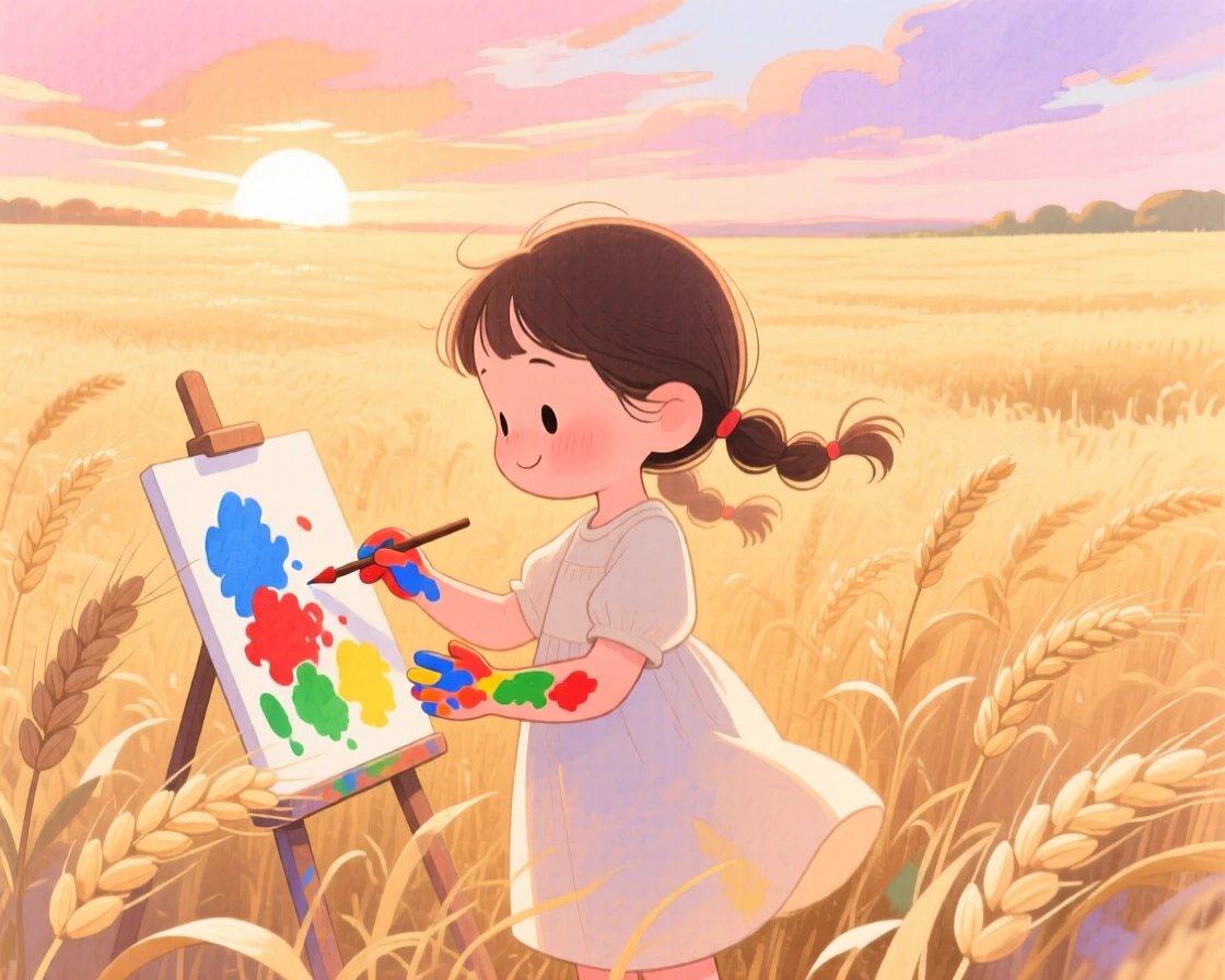 A little girl in pigtails painting with watercolors, hands covered in bright pigment, in a golden wheat field at sunset, radiating sweetness and gentle curiosity.