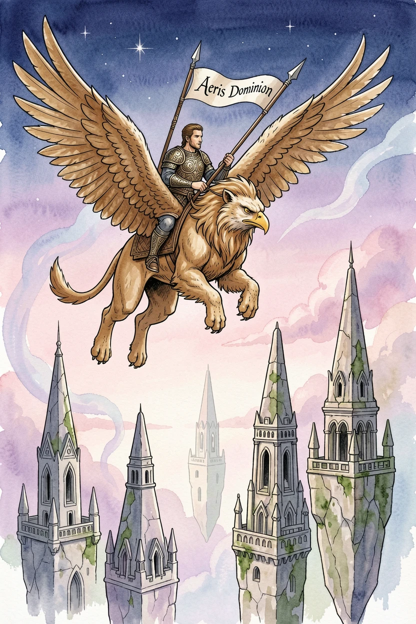 A griffin rider soaring above a kingdom of floating stone spires, the atmosphere charged with quiet, ancient magic.