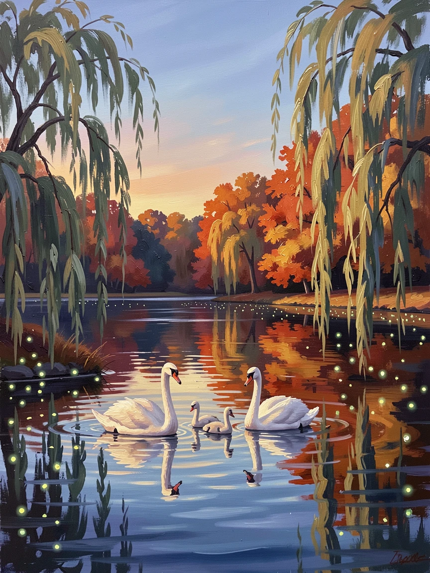 Flanked by weeping willows trailing into the water, a glassy lake ringed by autumn-colored trees, a family of swans gliding across the still surface, on a calm summer evening, fireflies rising from the banks.