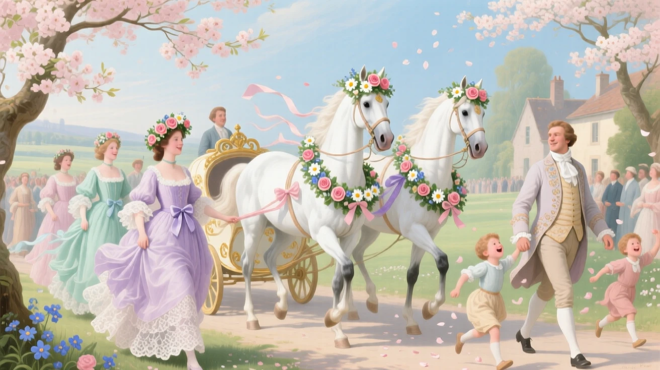 A springtime village parade with flower crowns, ribbons, and white horses  