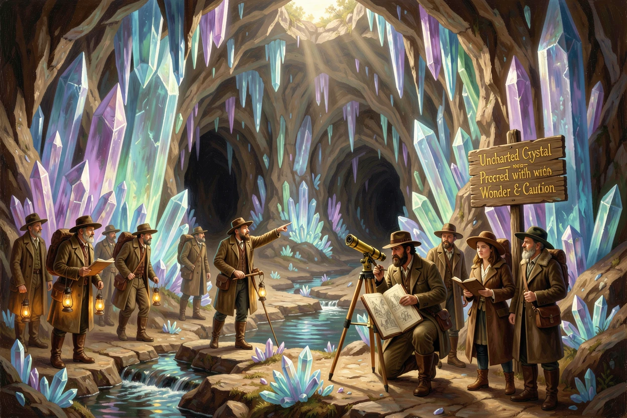 An expedition team maps out a glowing crystal cave far from any charted map.