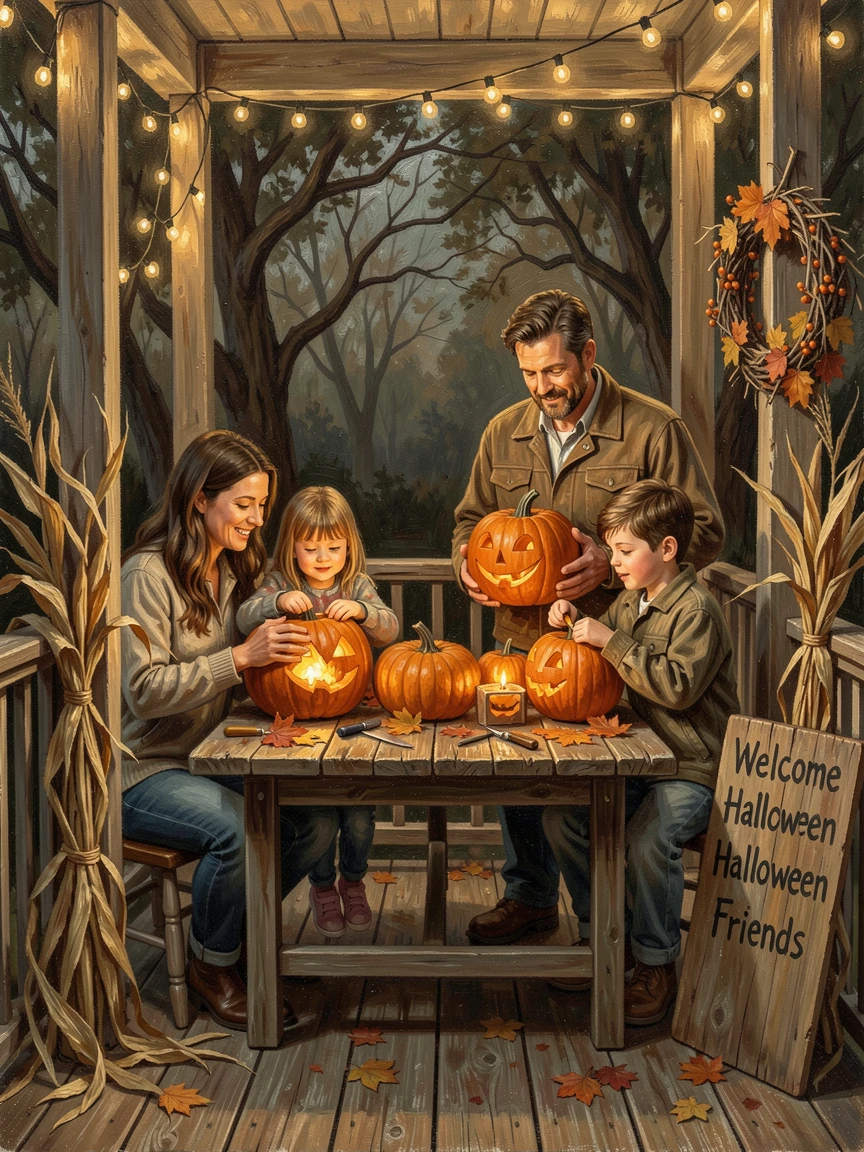 A family carving pumpkins together on a porch decorated for Halloween, as golden or twinkling light creates a magical atmosphere, radiating comfort, celebration, and heartfelt togetherness