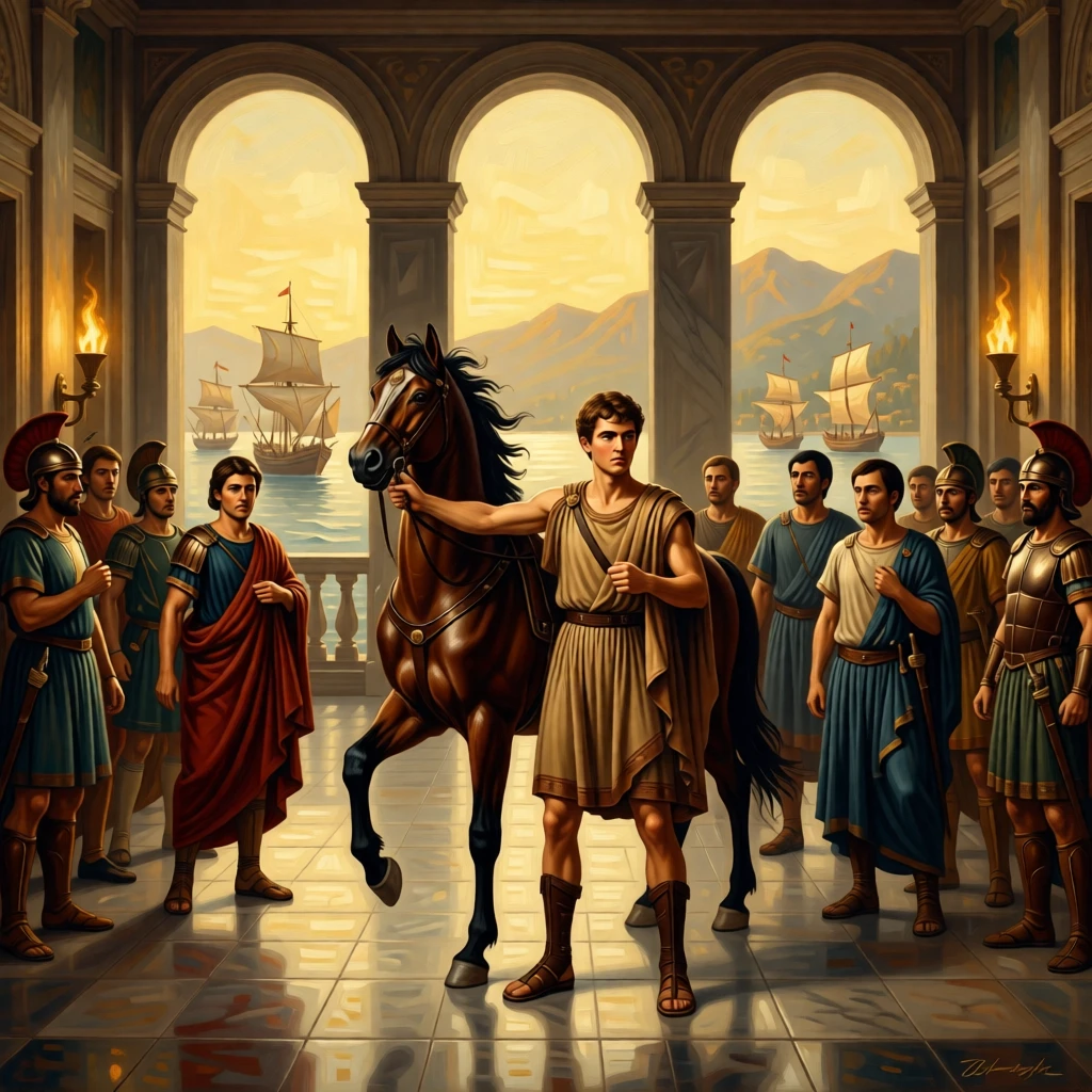 A young Alexander taming the wild stallion Bucephalus before a crowd of nobles at the height of a decisive and unforgettable moment, set within a torch-lit palace hall of gleaming stone, with distant ships and mountains fading into a golden haze; the composition centers the hero in a pyramid of surrounding figures, charged with heroic resolve and quiet foreboding.