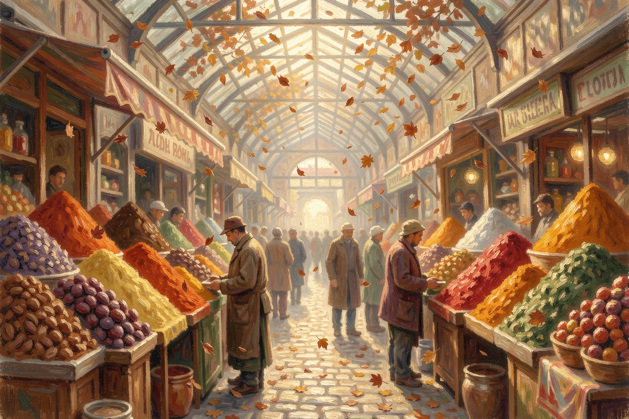 A bustling Istanbul spice market with towering pyramids of colorful ground spices and dried fruit, as autumn leaves begin to fall, capturing a fleeting moment of pure happiness.