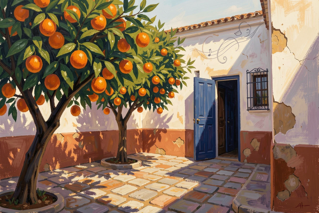A quiet Andalusian courtyard with orange trees and the sound of a distant guitar.