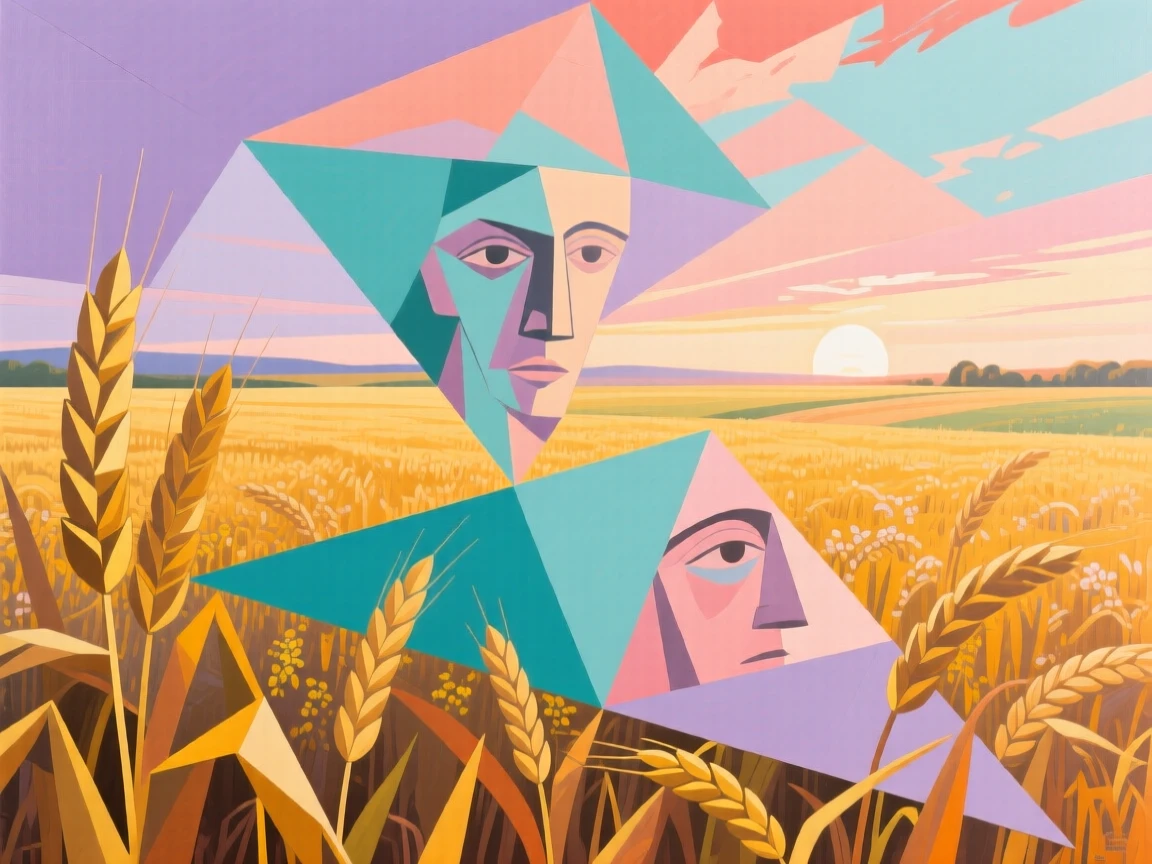 A panoramic view showing a golden wheat field at first light, in early spring.