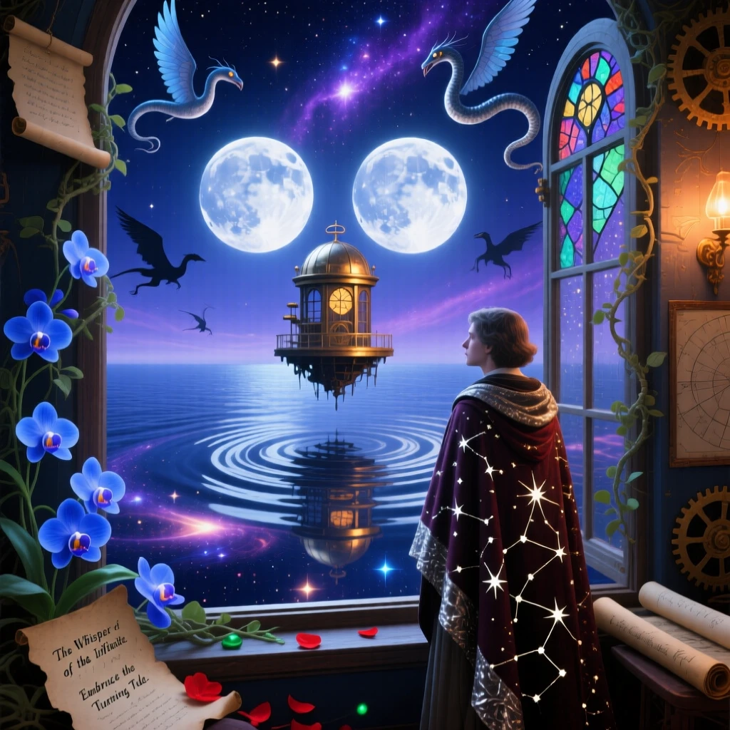 Twin moons rising together over a silent, glassy sea spins gently at the center of an infinite dark sky, while a lone traveler watches from an open window.