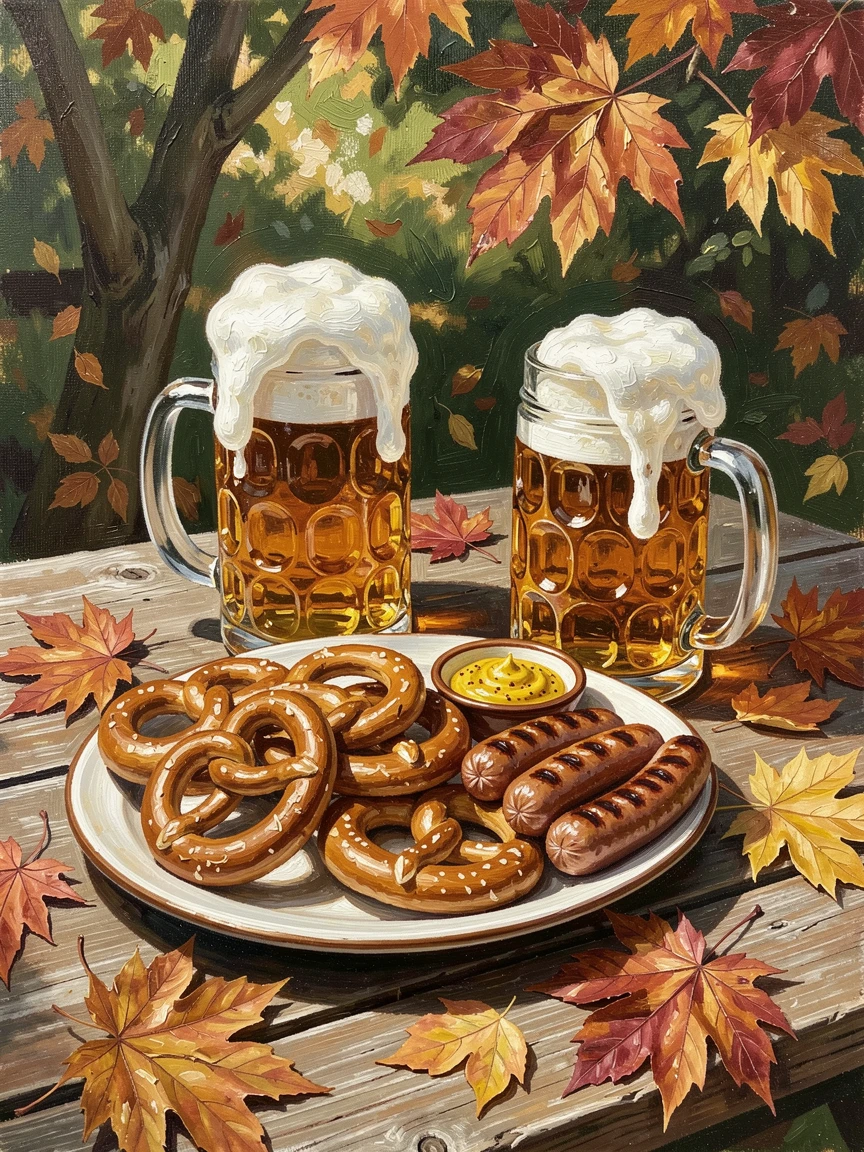 A cozy German beer garden table displays a platter of pretzels, sausages, and mustard beside frosty steins under autumn leaves, a sense of warmth and hospitality conveyed through the careful arrangement of the meal.