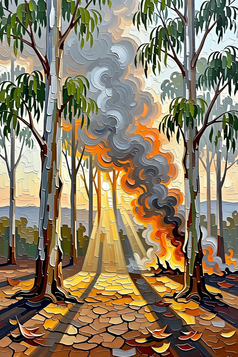 A eucalyptus forest in the Australian outback with morning light slicing through smoke haze