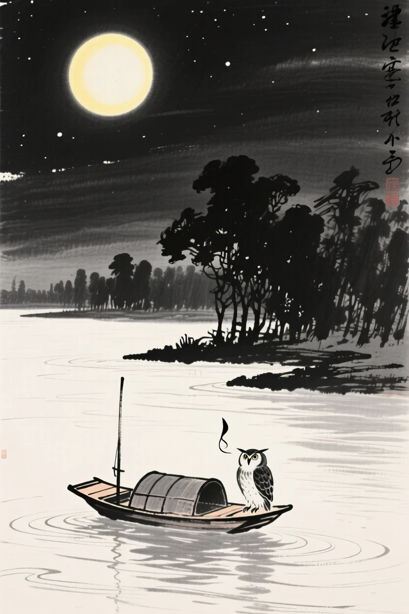 A small boat drifts silently across a river under a bright full moon, as an owl calls from somewhere deep in the trees.