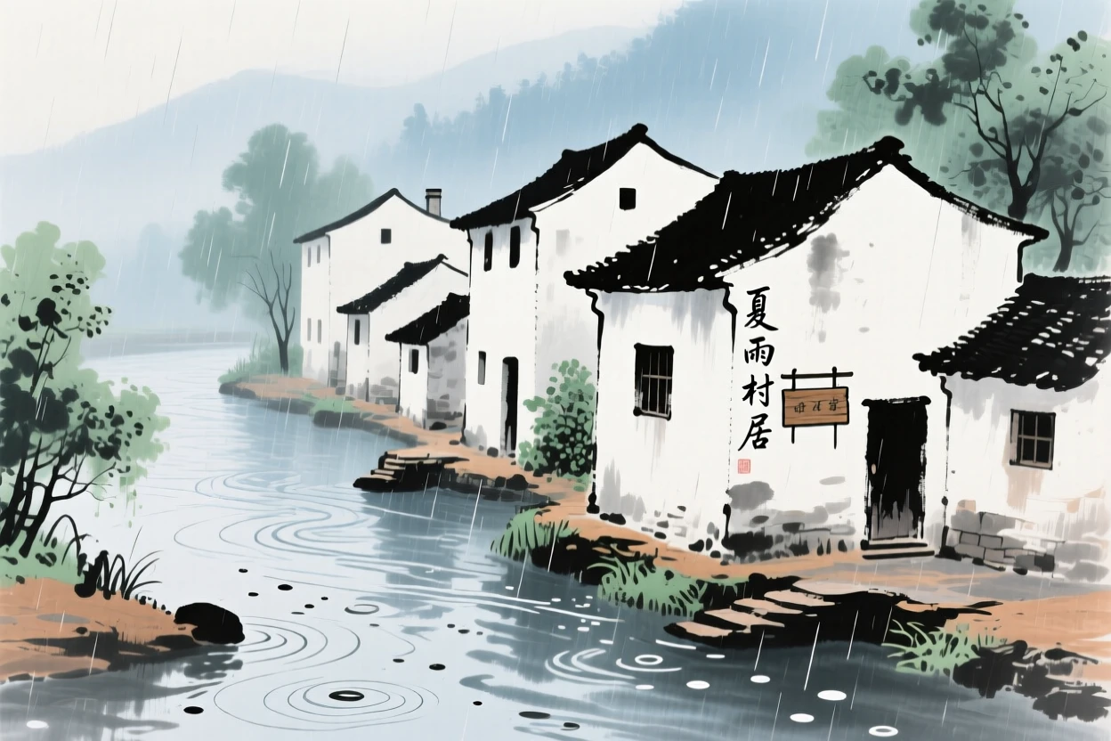 A cluster of whitewashed village houses beside a slow river, suffused with quiet joy, as summer rain begins to fall.