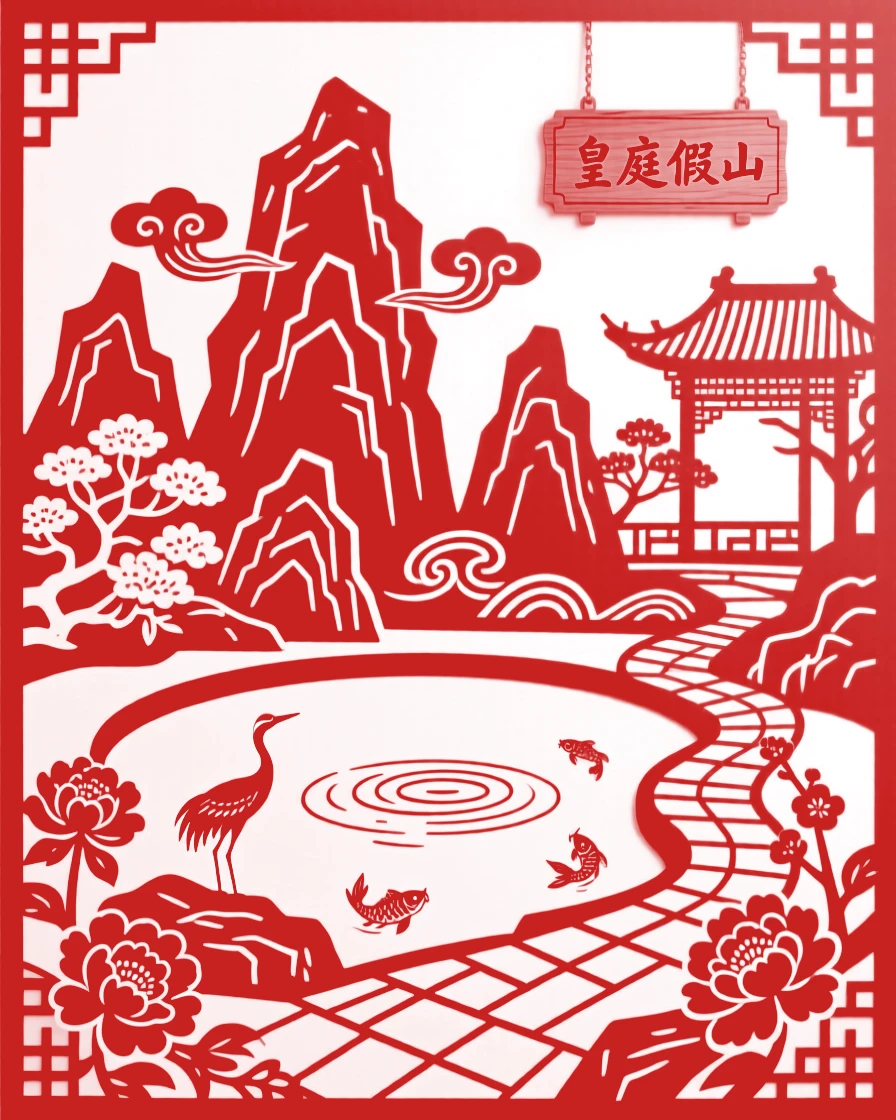 An imperial garden rockery with winding paths, its artificial peaks rising above a reflecting pool