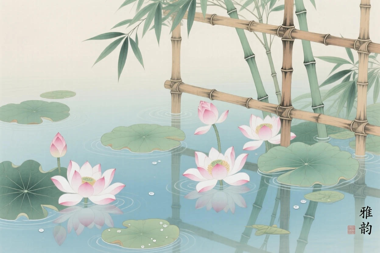 Water lilies floating on a quiet pool climbing a bamboo trellis in early summer