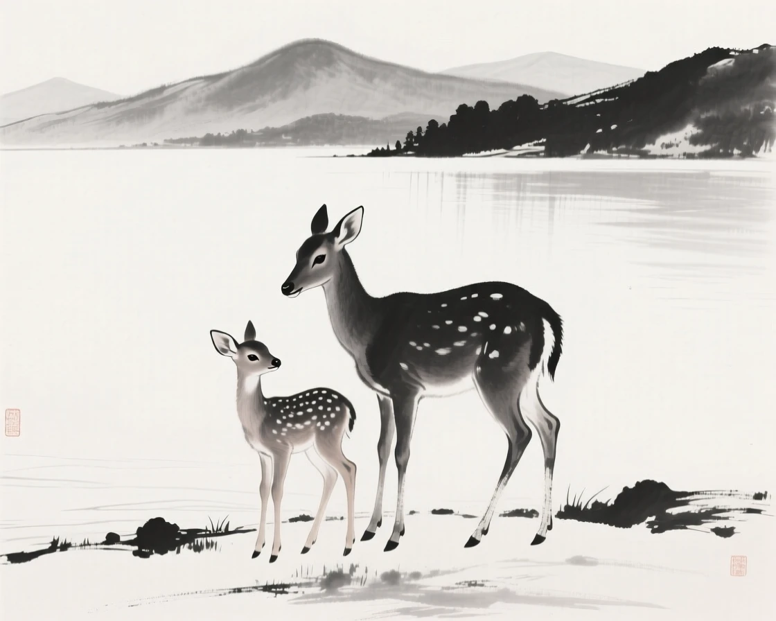 A young fawn beside its mother pausing at the edge of a quiet clearing beside a tranquil mountain lake, positioned off-center, leaving space for the quiet landscape around it, conveying quiet strength and natural grace.