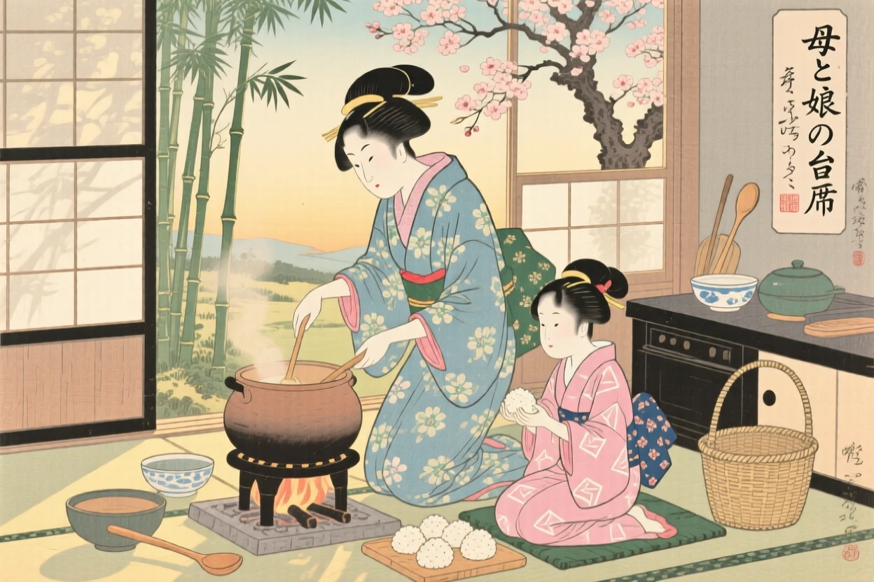 A mother and daughter cooking together in a warm sunlit kitchen.