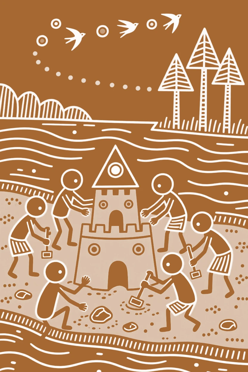 A group of friends building a small sandcastle by a riverbank.