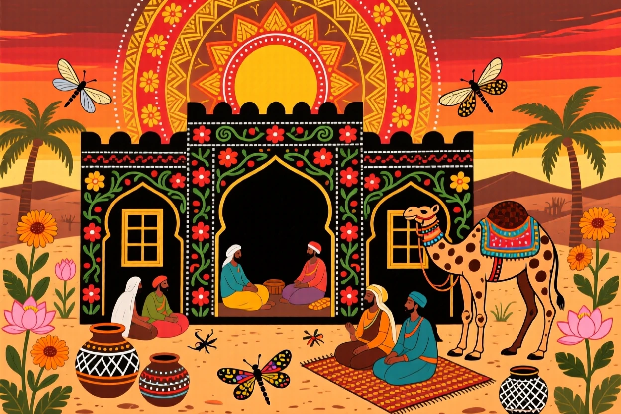 A desert caravanserai offering rest to weary travelers at dusk.