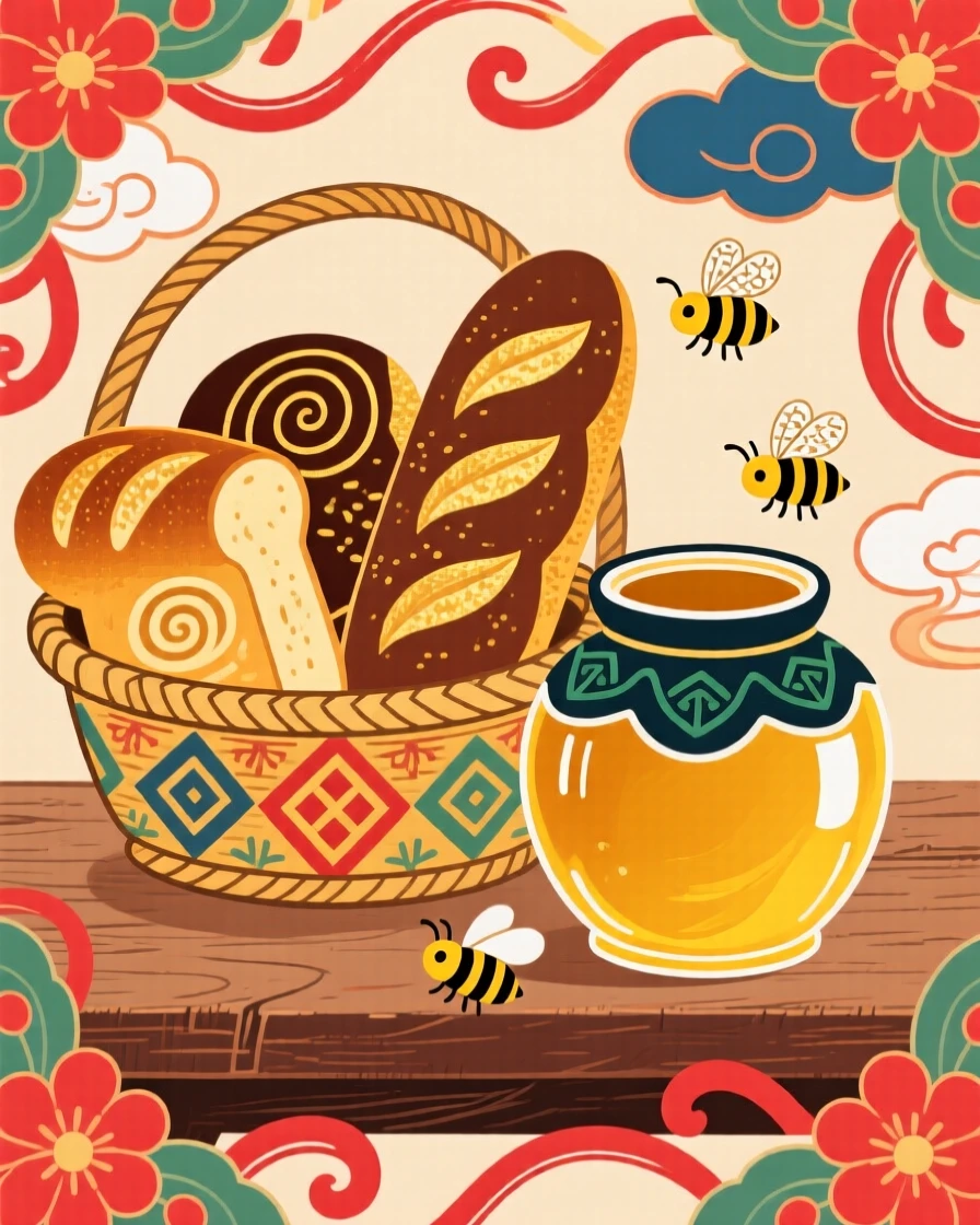 A basket of freshly baked bread beside a jar of honey.