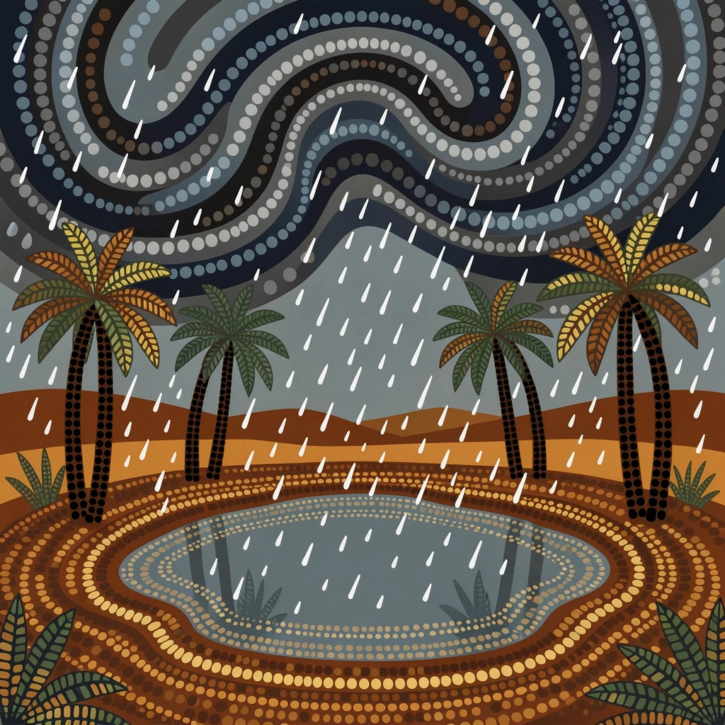 A palm-fringed desert oasis during a dramatic storm