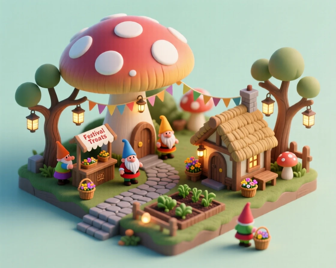 A tiny gnome village hidden beneath a mushroom canopy, lanterns glowing as villagers prepare for a festival.