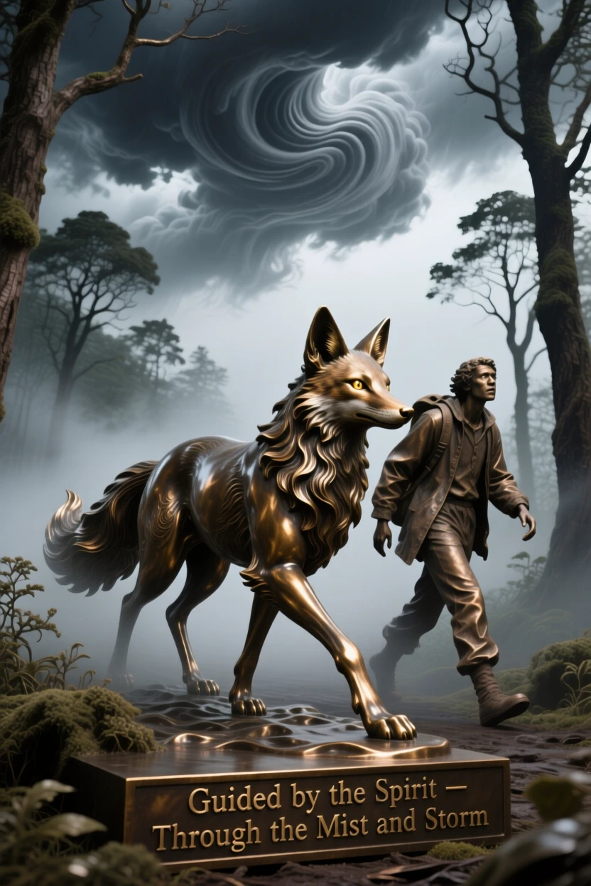 A spirit fox leading a lost traveler through misty woods, framed by dramatic storm clouds, radiating awe and grandeur