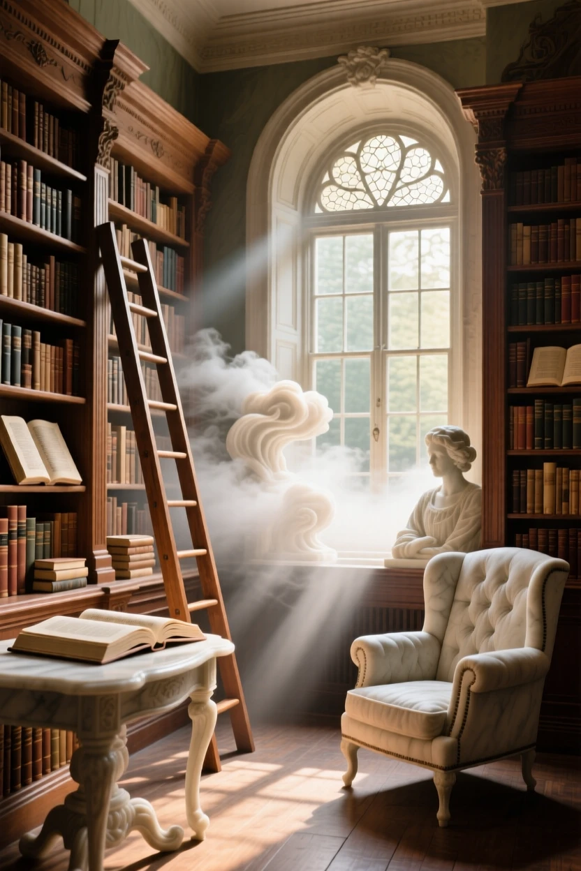 A vivid, emotionally rich scene of an old bookstore filled with warm afternoon light, amid swirling clouds and mist, designed to captivate and inspire