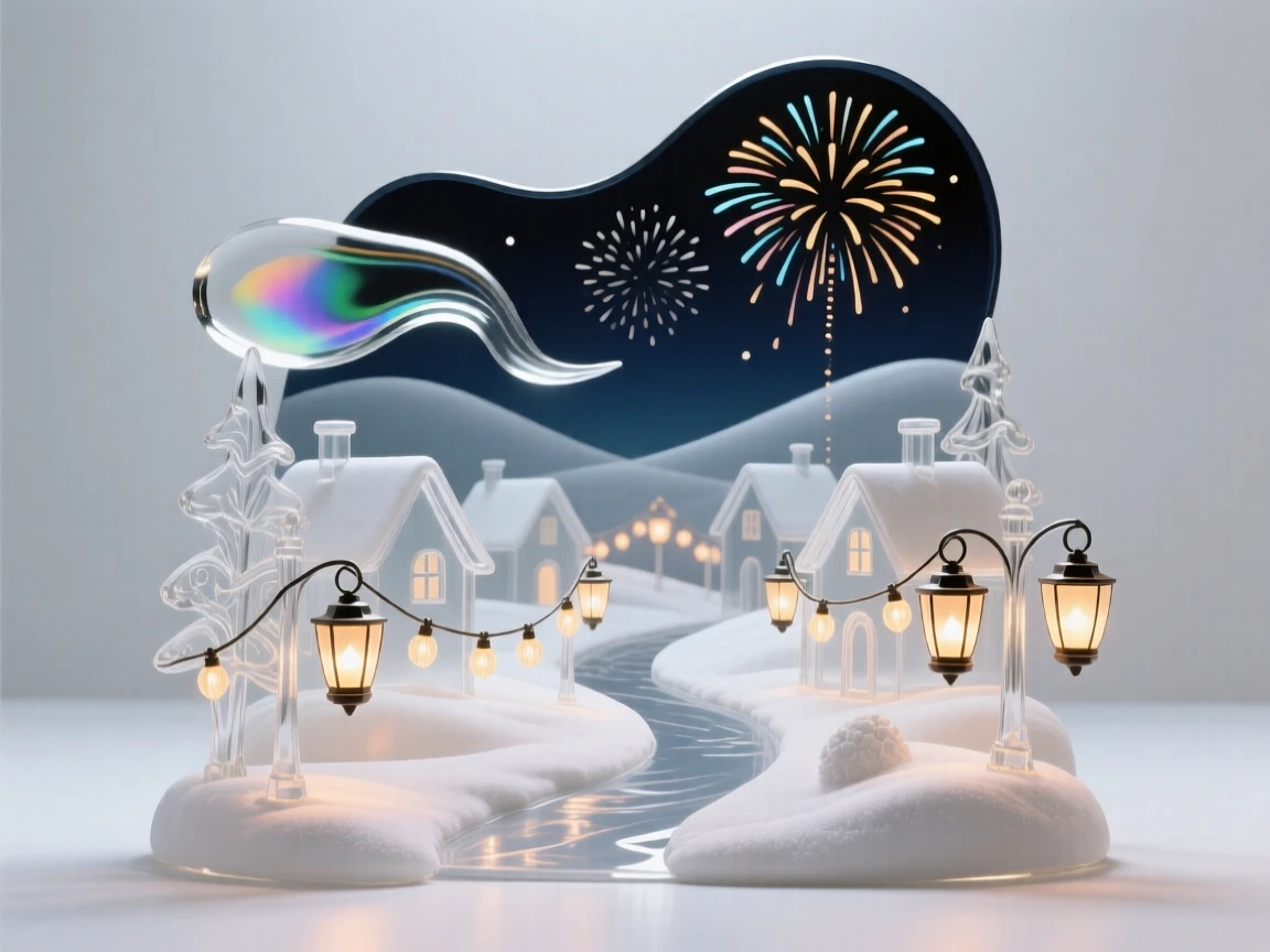 With fireworks lighting up the summer sky, a string of lanterns lighting a path through a snowy village