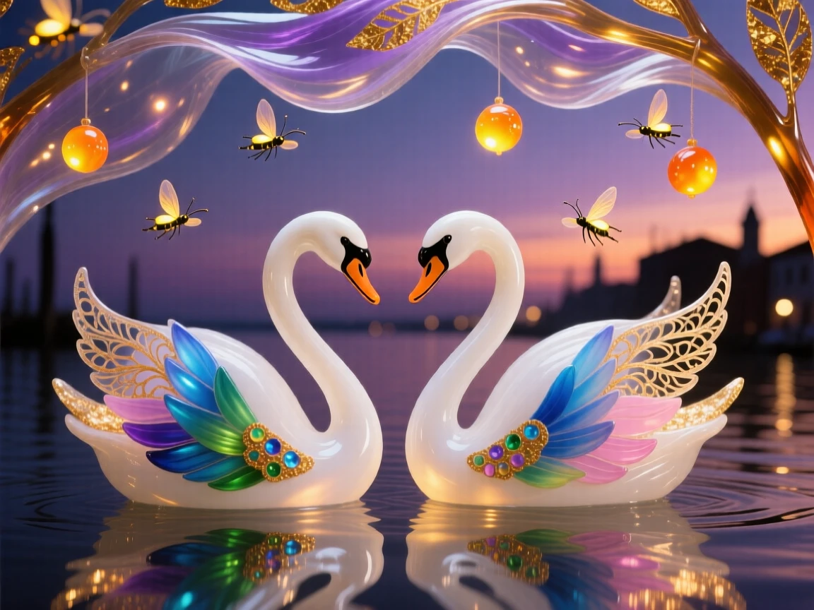 A pair of swans gliding beneath a canopy of fireflies at dusk, magical and serene.