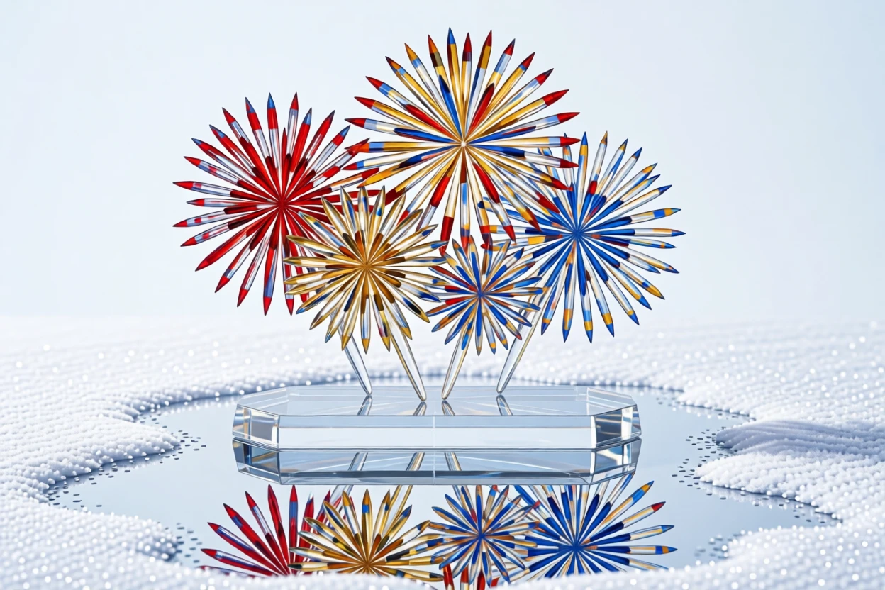 A festive New Year's fireworks display reflected in a snow-covered lake.