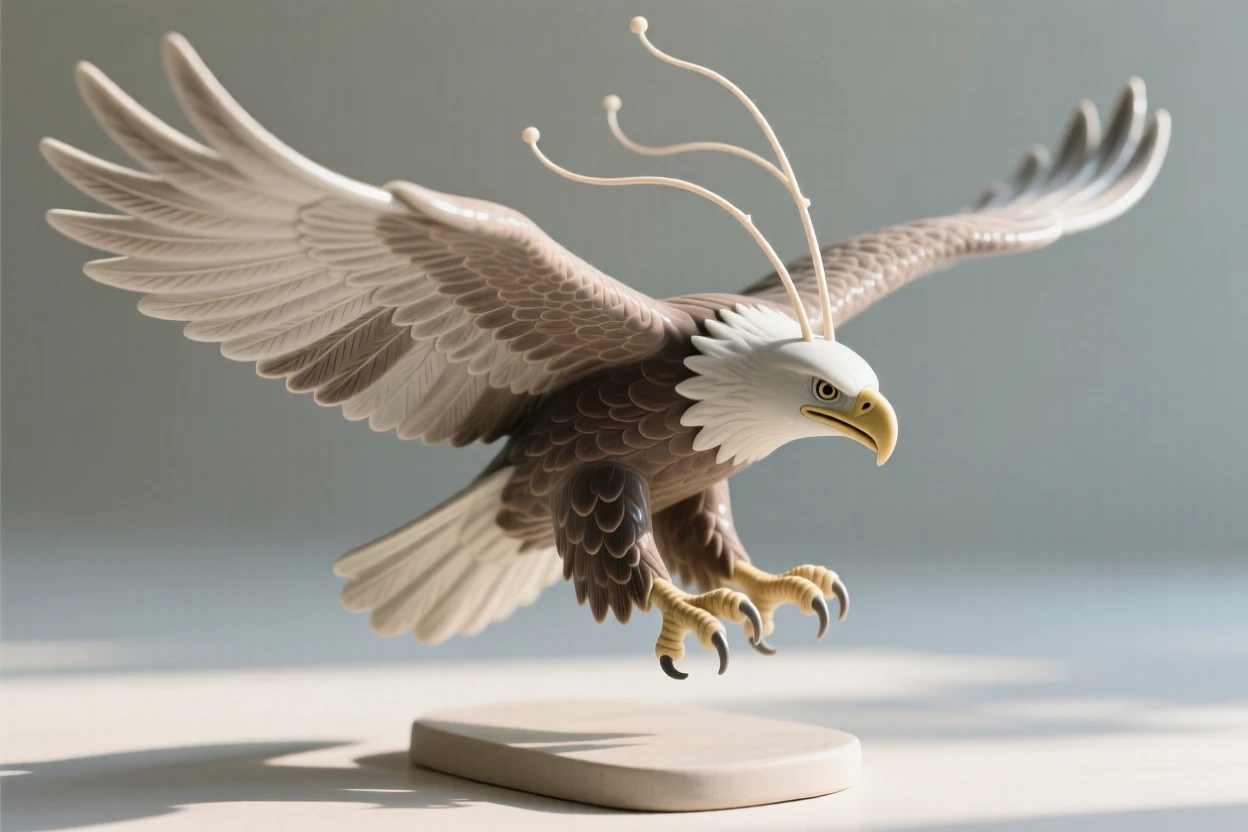 A bald eagle soaring with wings outstretched fluttering gently in the afternoon light, with delicate antennae catching the breeze, capturing a serene moment suspended in time.