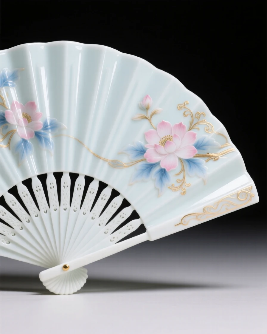 An elegant hand-painted fan spread open, exquisitely detailed and finely crafted.