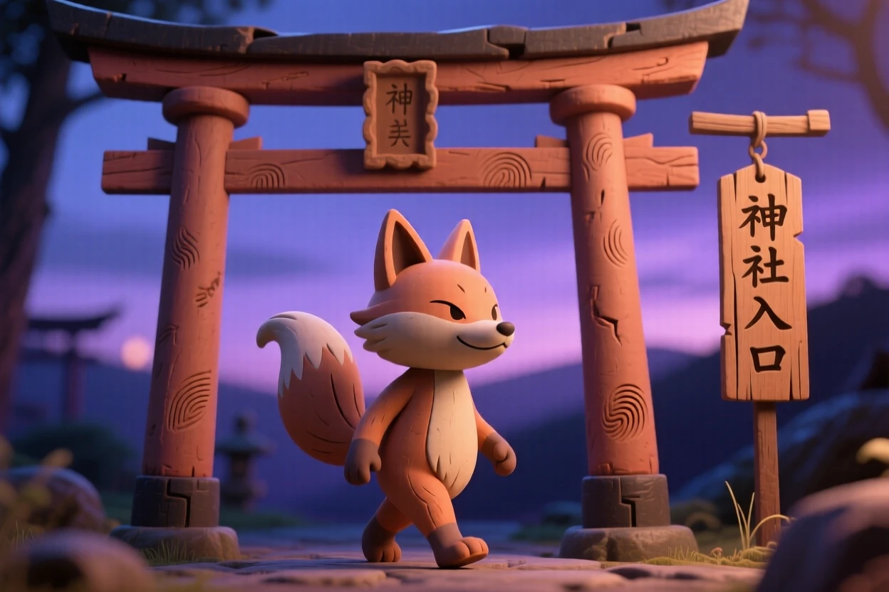 A kitsune spirit walking through a torii gate at twilight