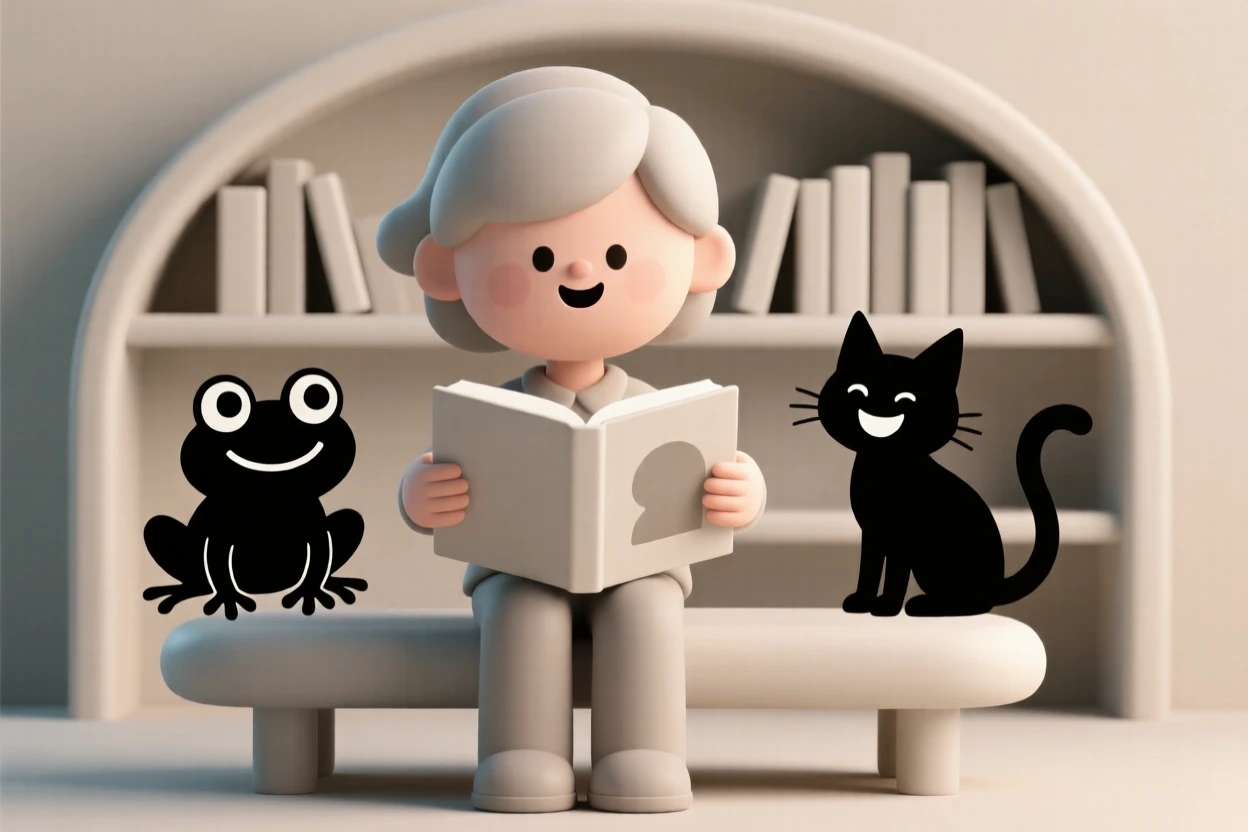 A gentle children's librarian reads a picture book aloud, voices changing for each silly character.