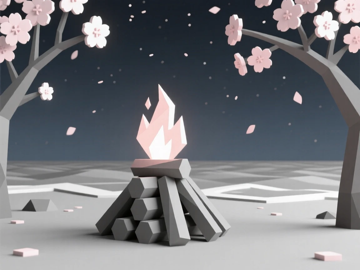A beach bonfire glowing under a summer night sky, beneath blooming cherry blossoms. the composition centers on the main celebratory focal point. It captures a moment of pure celebration.
