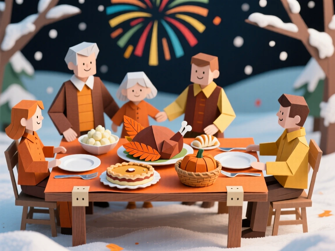 A festive Thanksgiving family table framed by fresh-fallen snow, with fireworks bursting colorfully overhead, capturing the spirit of gratitude and joy.