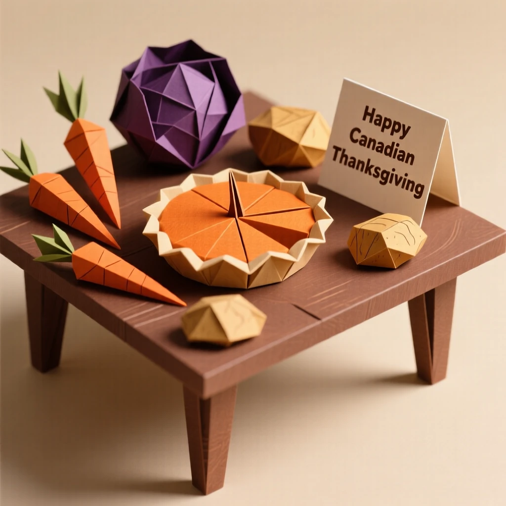 A Canadian Thanksgiving harvest table scene set with pumpkin pie and roasted vegetables.