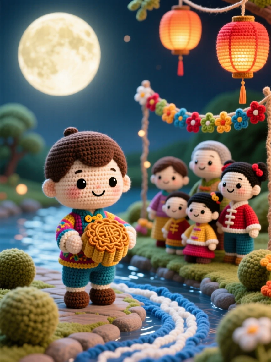 A festive cultural scene of a small boy carrying a moon cake for a harvest moon festival, sharing it with family under a full moon within a riverside path lit with floating lanterns; a garland of woven flowers draped nearby nearby, full of heartfelt togetherness during a special gathering.
