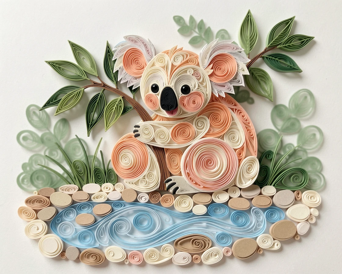 a plump koala hugging a eucalyptus branch near a babbling brook lined with pebbles, in warm pastel tones of peach, cream, and soft pink, centered with soft blurred greenery in the background.