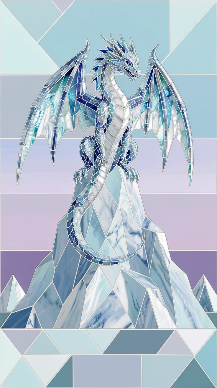 A majestic ice dragon perched on a frozen glacier peak.