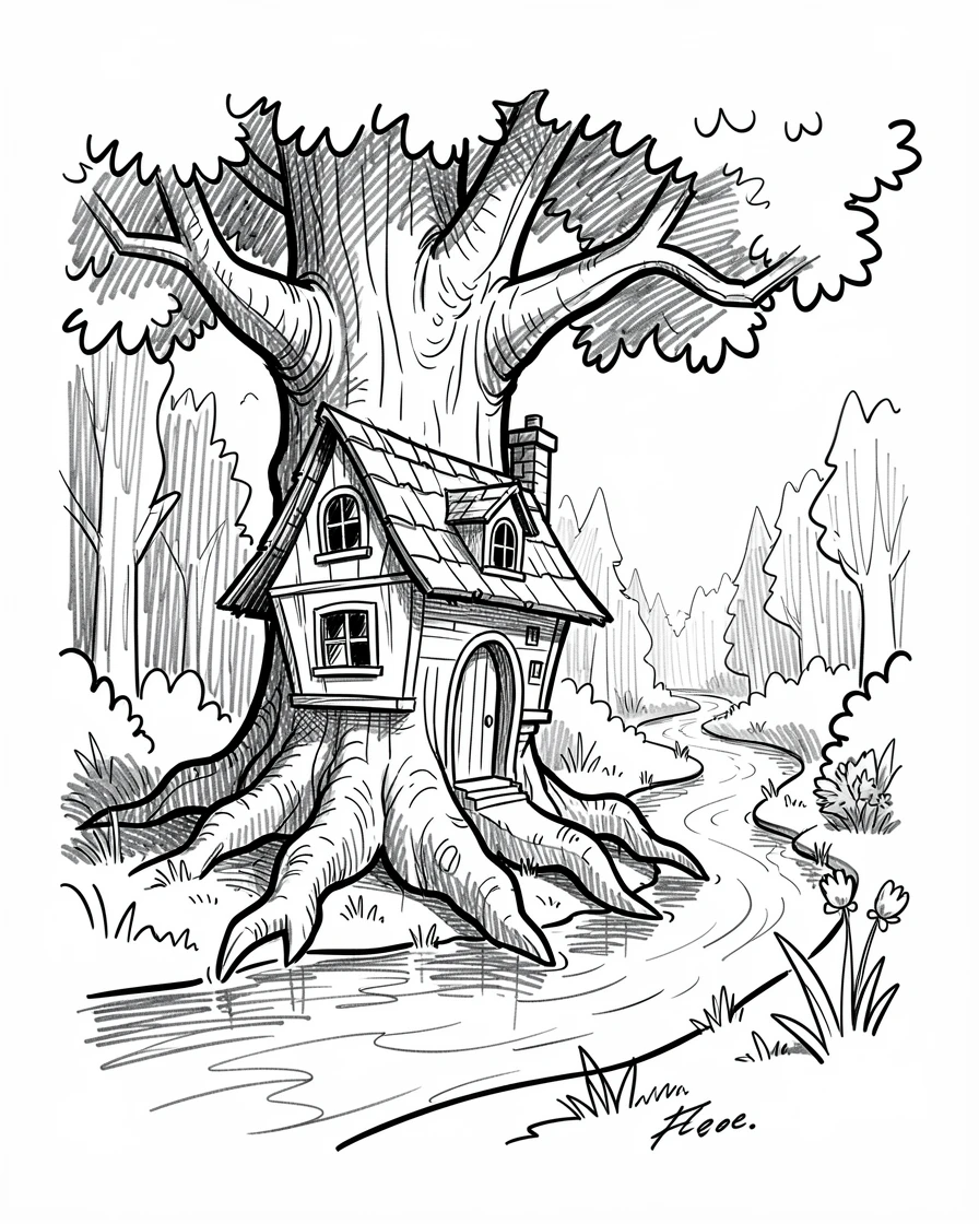A cottage built into the trunk of a giant tree beside a river winding through the forest.