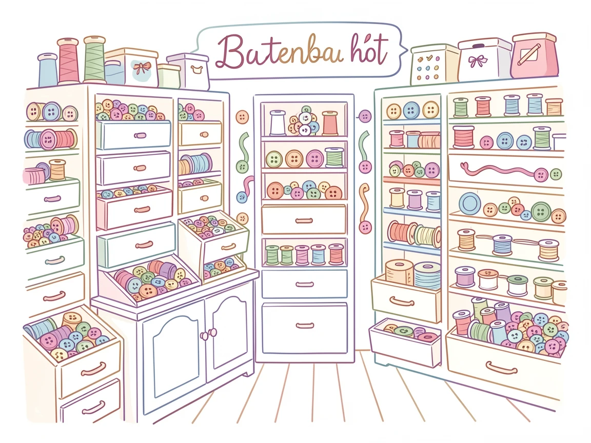 A quiet button and ribbon shop with drawers overflowing with notions.