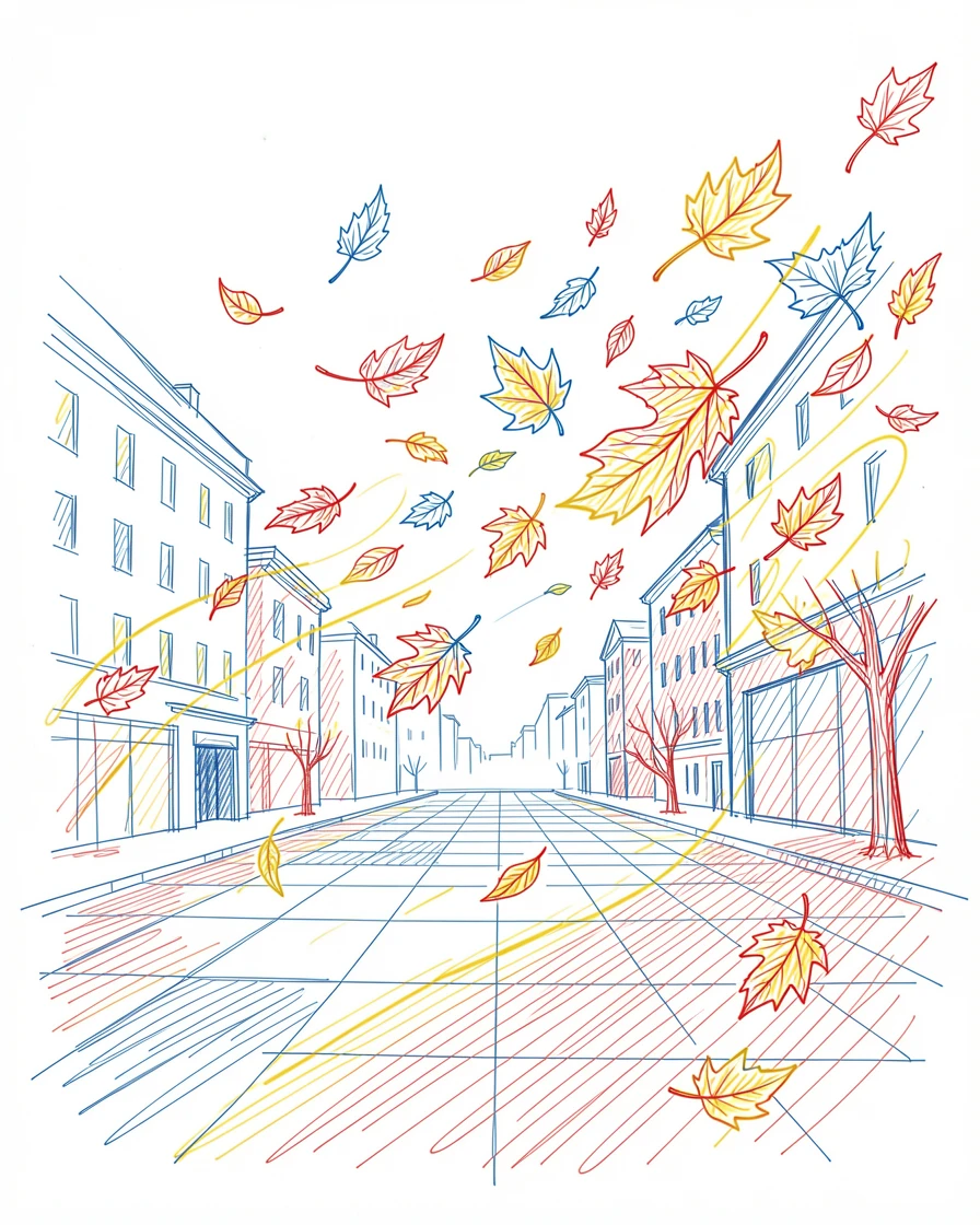 A dramatic autumn wind scattering leaves across an empty city square