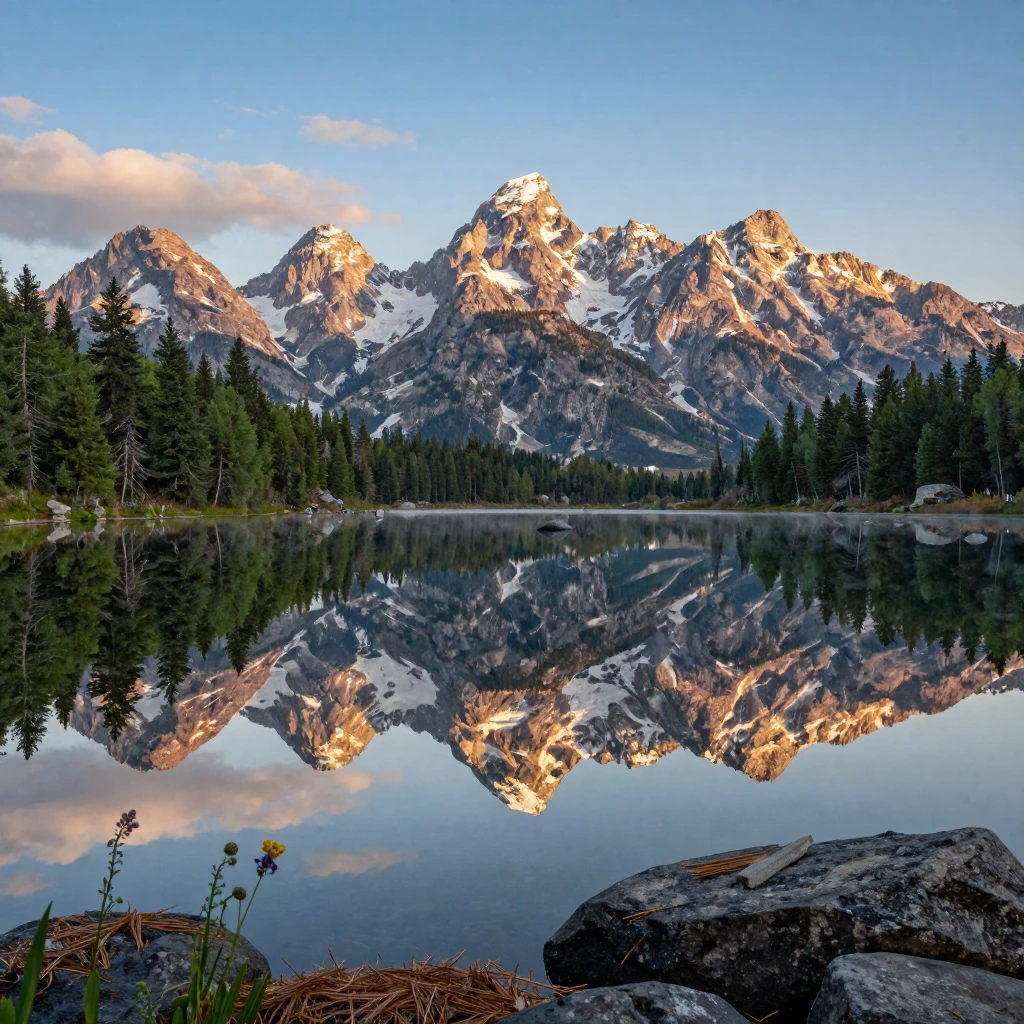 A Grand Teton reflection in a still morning lake