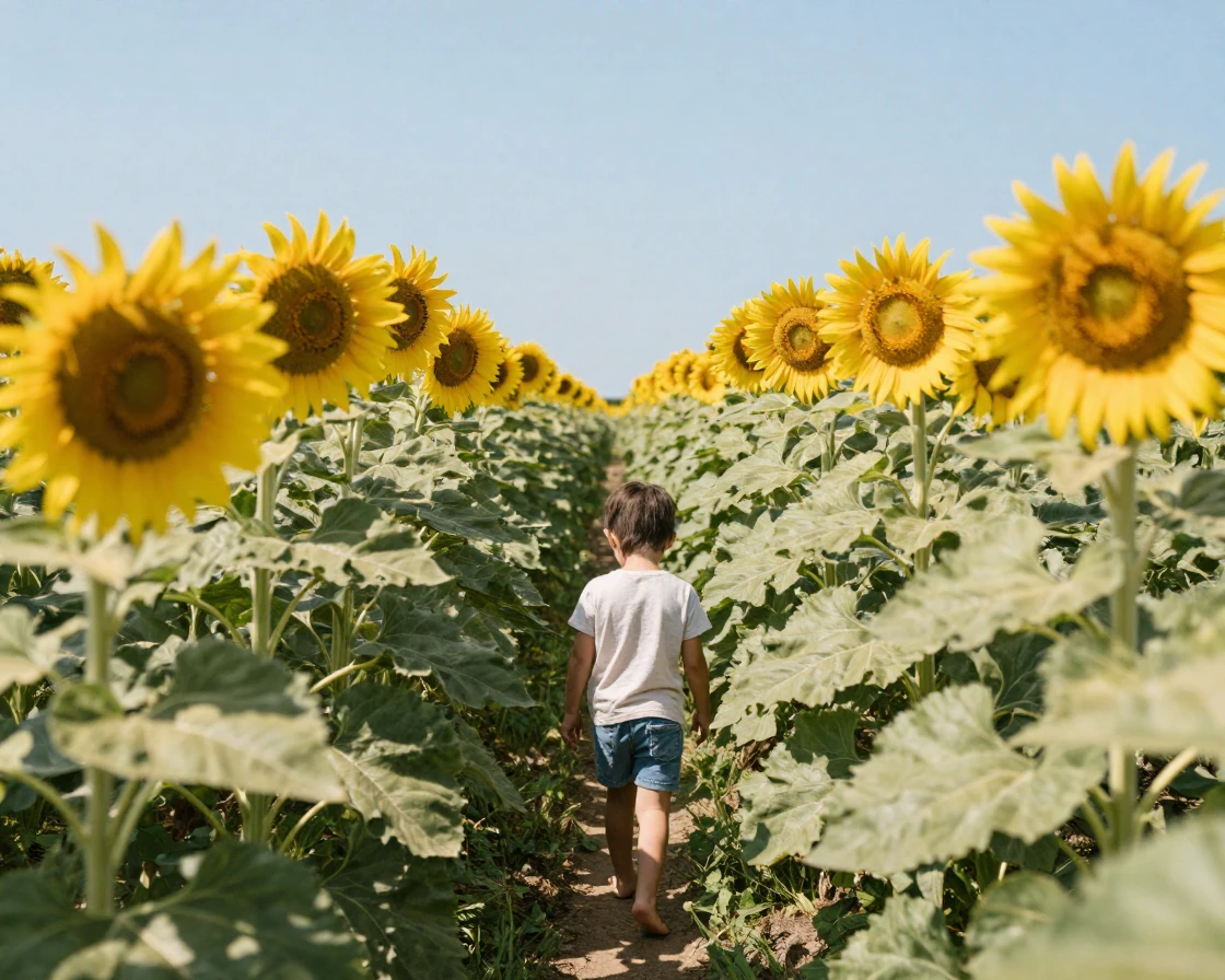 A field of giant sunflowers seems to turn in unison to face a walking child.