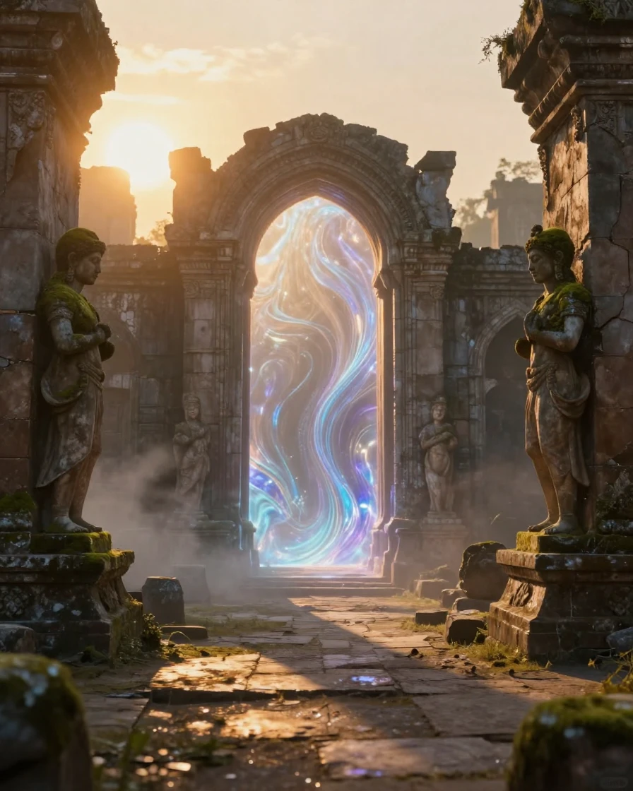 A shimmering portal between two worlds standing within the ruins of a forgotten kingdom