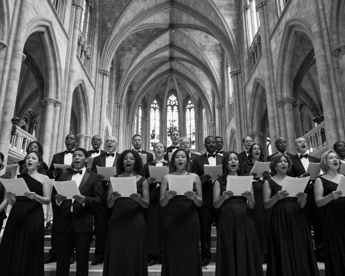 A choir sings in perfect harmony beneath high vaulted ceilings.