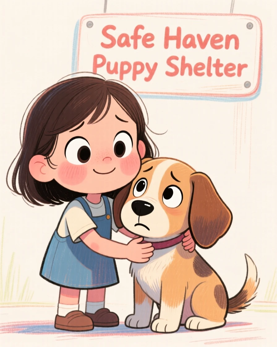 A little girl comforting a nervous shelter puppy with gentle pets.